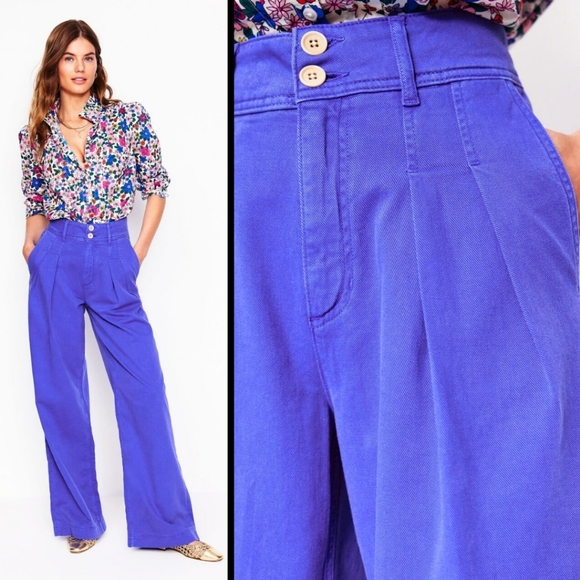 Boden Pants - Boden Brompton Wide-Leg Pleated Trousers High Waist Blue Casual Cotton Pants 12R